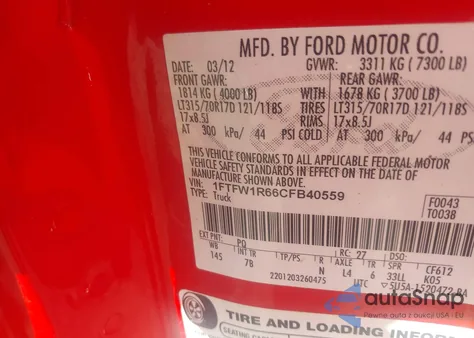 2012 Ford F150 Svt Raptor from USA, damaged, VIN 1FTFW1R66CFB40559